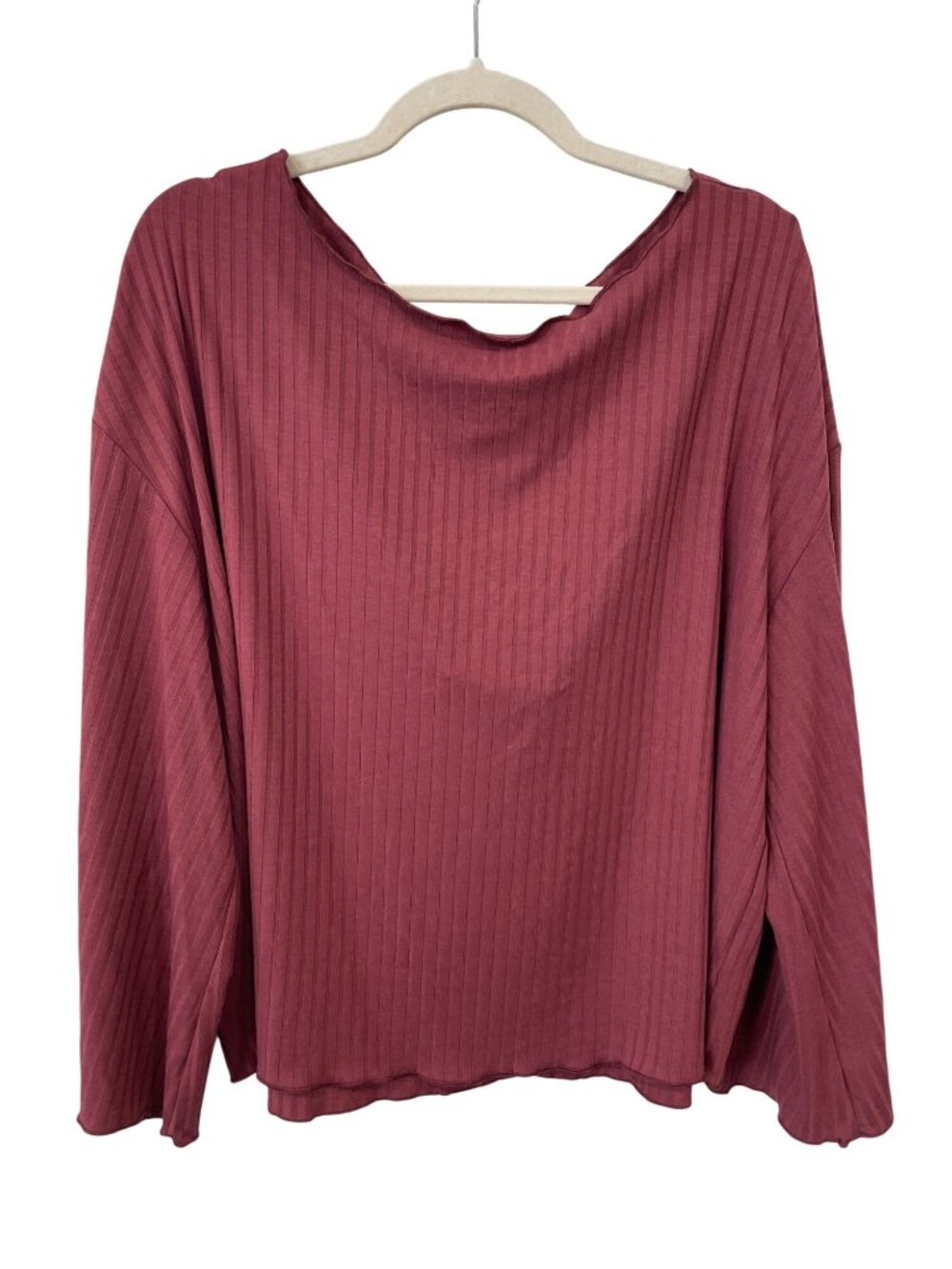 Listicle Top Large Ribbed Long Sleeve Boat Neck Maroon Polyester Blend Knit NEW